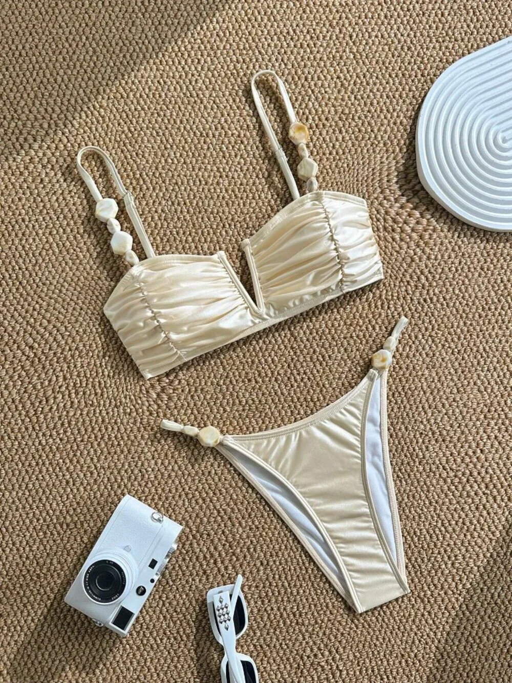Apricot Sexy Women's Beach Satin Shell Decor Bikini Set